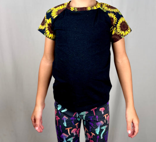 Kid's Raglan T-Shirt : Short Sleeve. Black with Sunflower