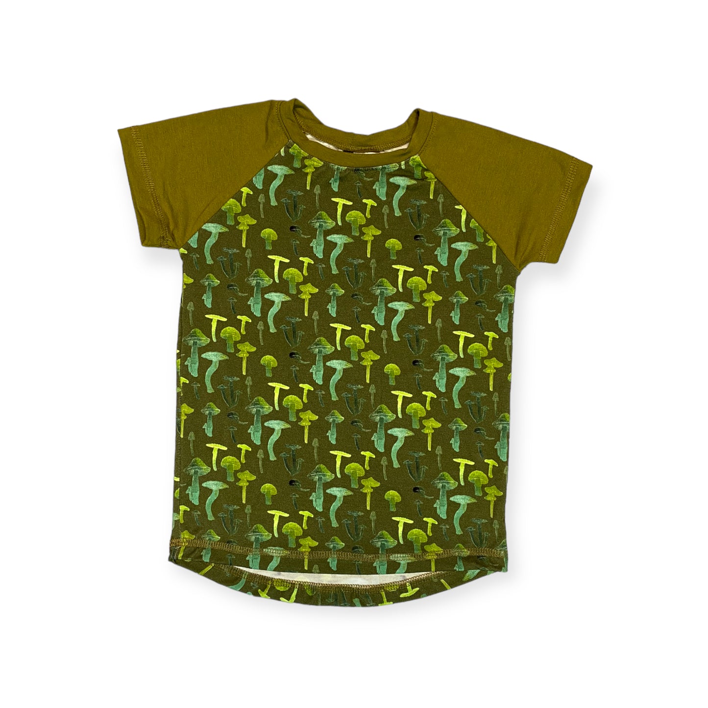 Kid's Raglan T-Shirt. Short Sleeve. Olive Mushroom