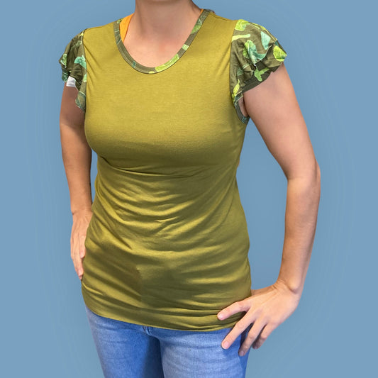 Women's Fairy T-Shirt. Ruffle Sleeve. Olive