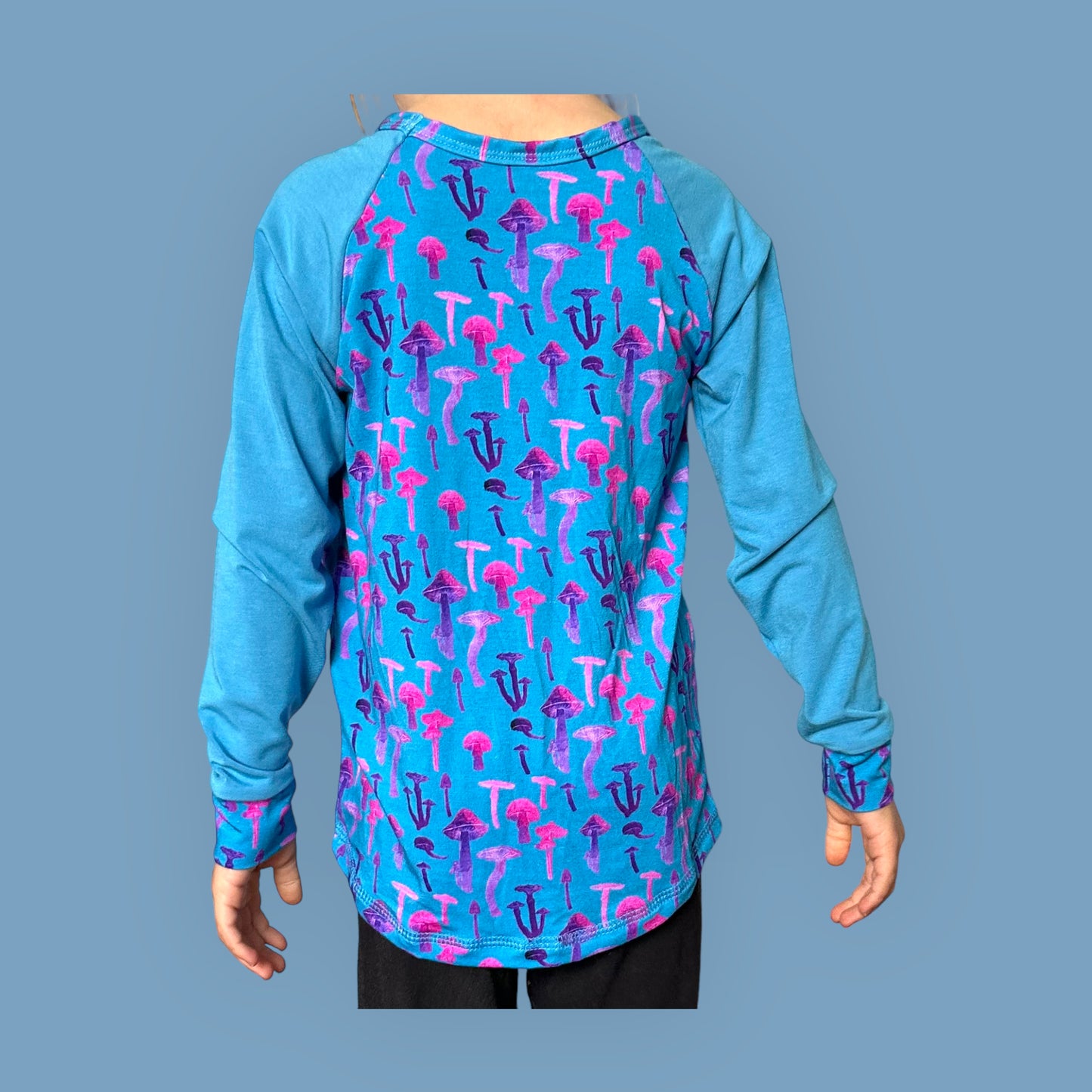 Kid's Raglan T-Shirt. Long Sleeve. Blue Mushroom