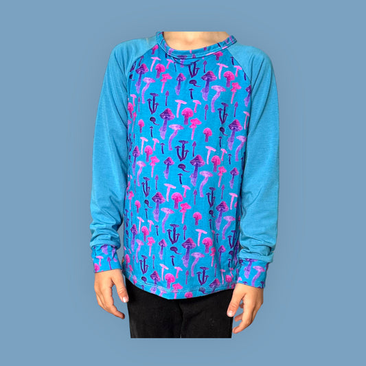 Kid's Raglan T-Shirt. Long Sleeve. Blue Mushroom