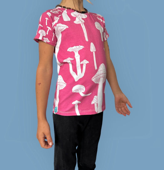 Kid's Raglan T-Shirt : Pink and White Mushrooms