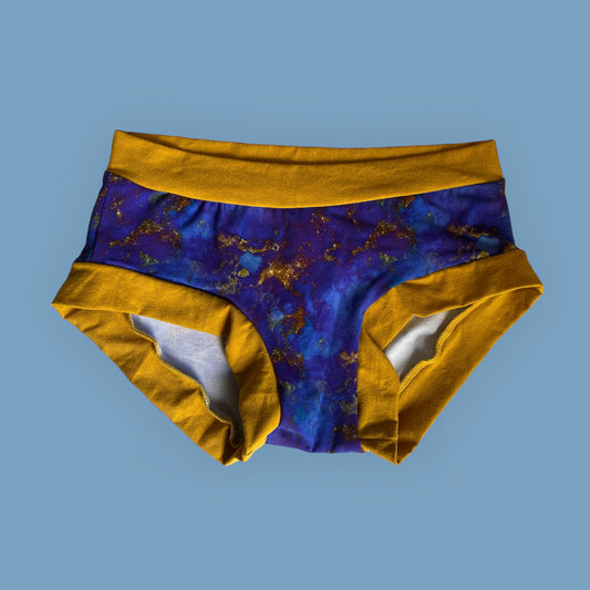 Women's Hipster Boy Leg Underwear : Blue & Gold Ink