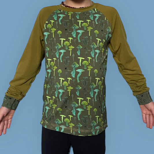 Kid's Raglan T-Shirt. Long Sleeve. Olive Mushroom