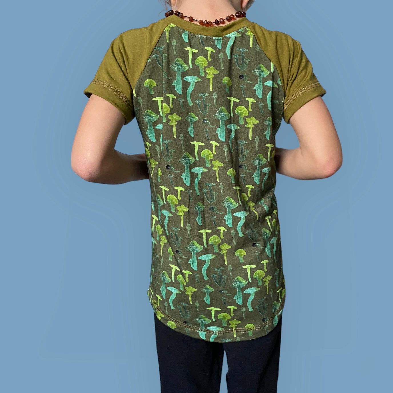 Kid's Raglan T-Shirt. Short Sleeve. Olive Mushroom